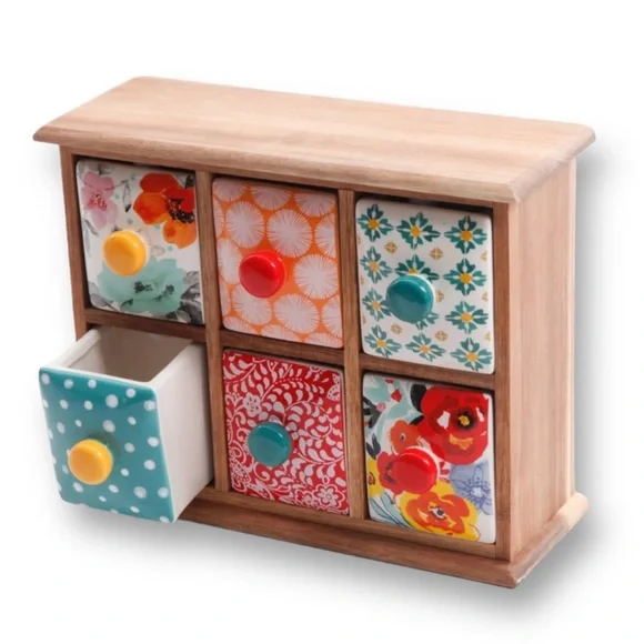 The Pioneer Woman Flea Market Spice and Tea 6-Drawer Box With Bright Patterns BN